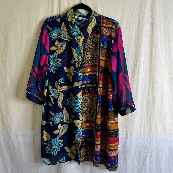 Rose & Olive Floral Colorful Button Up 3/4 Sleeve Relaxed Blouse/Top Size 1X - Picture 1 of 10